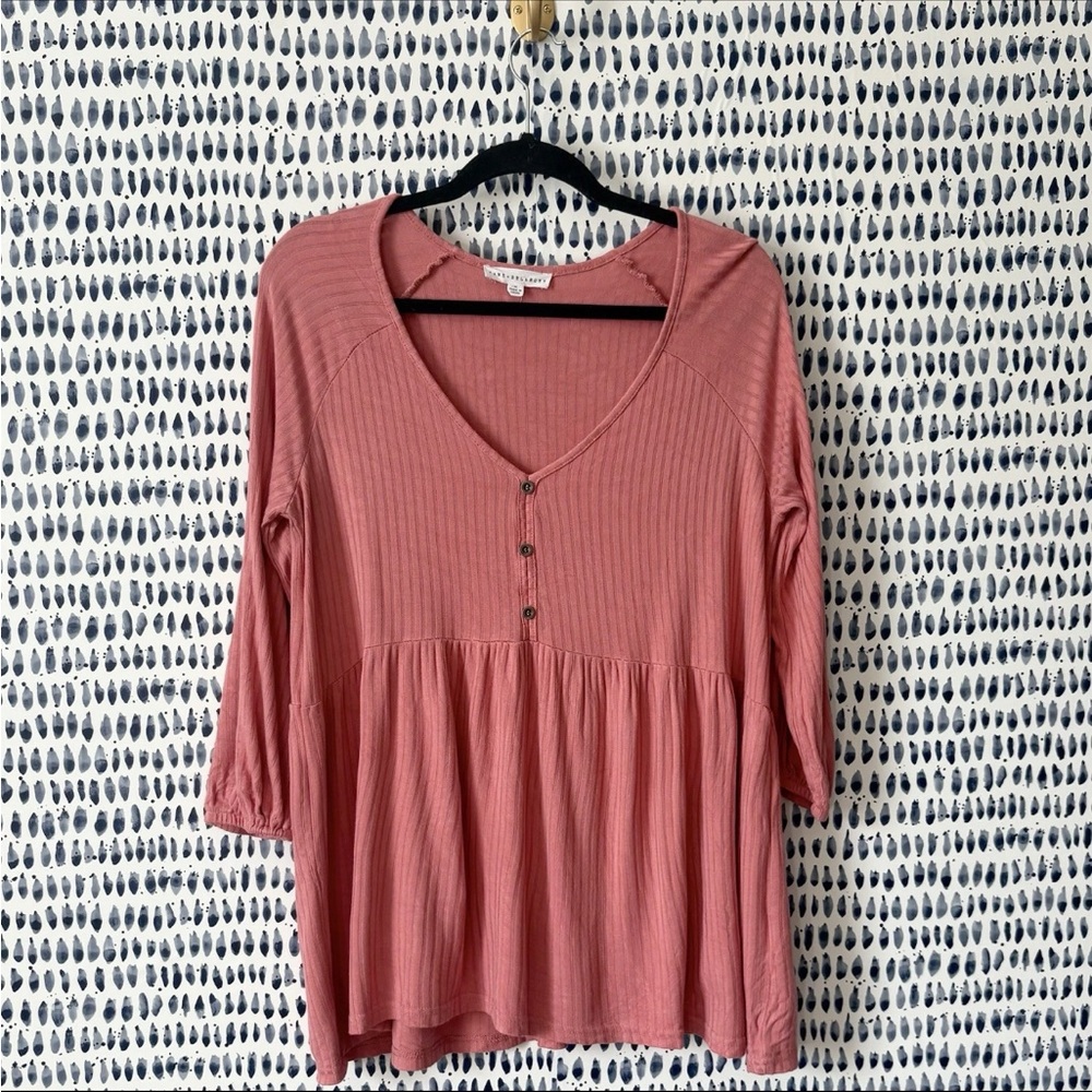 Jane & Delancey Oversized Babydoll Top sz M mauve pink ribbed 3/4 sleeve blouse